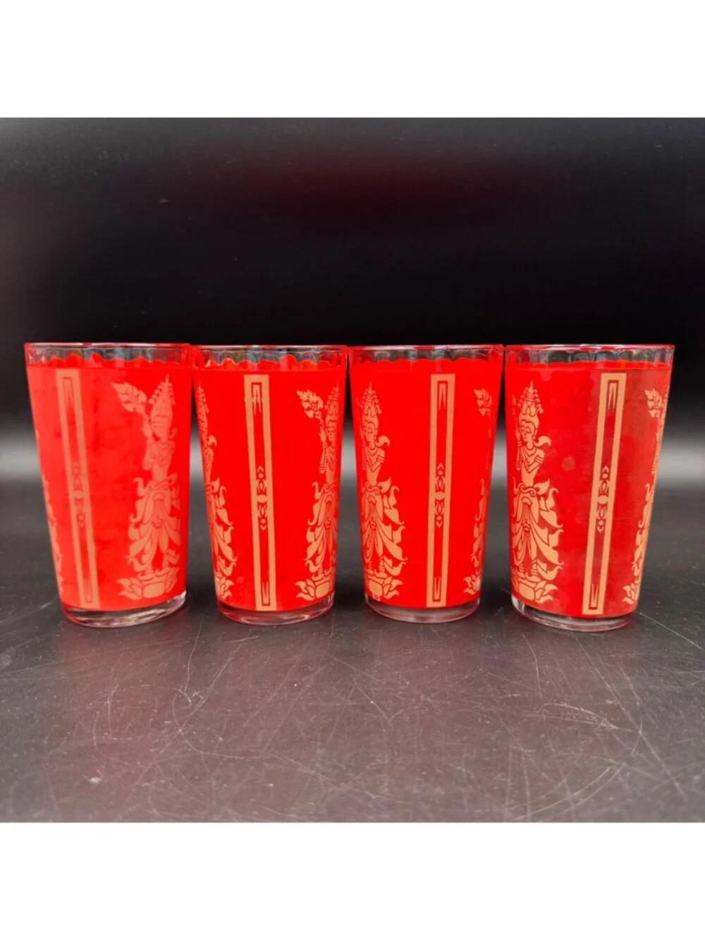 Culver Thai Goddess Highball Glasses Red Set Of 4 Vintage Art Deco Barware